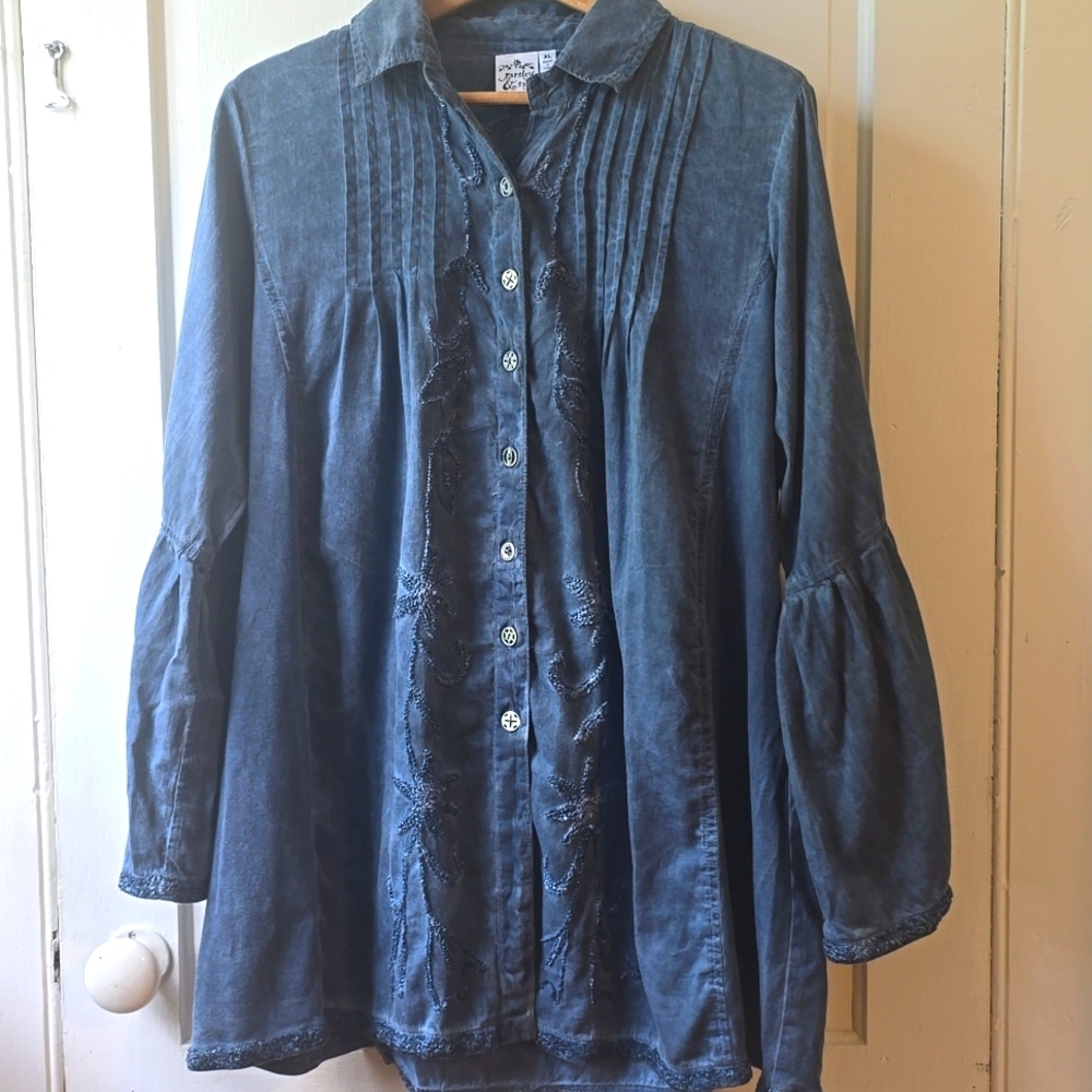 Parsley & Sage Embroidered Blue 3/4 Sleeve Button Front Tunip Top Shirt XL
